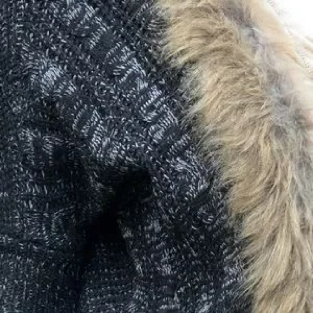 Knit Open Front Cardigan with Faux Fur Black and White Weave - Picture 5 of 6